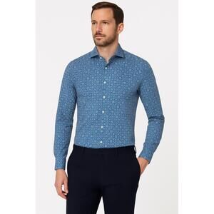 FEDELI Shirt Mens 17 Blue Patterned Long Sleeve Casual Stretch Made Italy‎